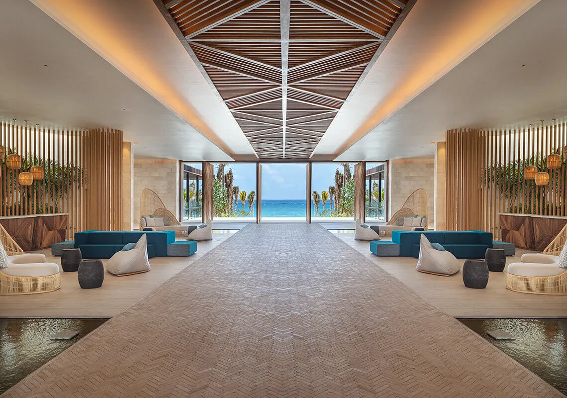 Hotel lobby opening onto the sea
